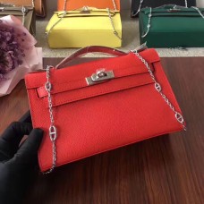 Hermes Mini Kelly 22cm Epsom Leder Rot Silber mit Kettenriemen