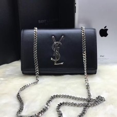 YSL Glattleder-Kettentasche 22cm Schwarz Silber