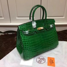 Hermes Birkin 35cm Handtasche Krokodilleder Grün Gold