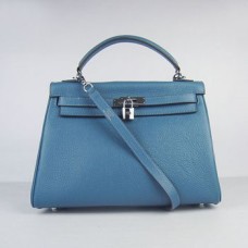 Hermes Kelly 32cm Togo Lederhandtasche blau/silber