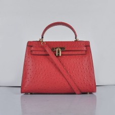 Hermes Kelly 32cm Straußenvene 6108 Rot Golden
