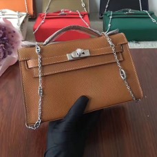 Hermes Mini Kelly 22cm Epsom Leder Kamel Silber mit Kettenriemen