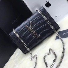 YSL Monogram Chain Bag 22cm Kroko Schwarz Silber