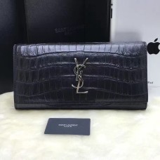 YSL Clutch 27cm Krokoleder Schwarz Silber