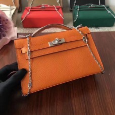 Hermes Mini Kelly 22cm Epsom Leder Orange Silber mit Kettenriemen