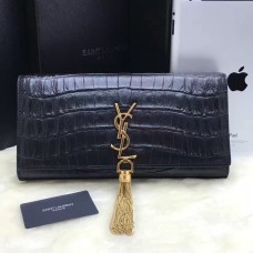 YSL Tassel Clutch 27cm Krokoleder Schwarz Gold