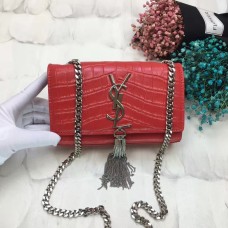 YSL Tassel Chain Bag 17cm Kroko Rot Silber