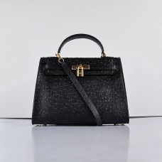 Hermes Kelly 32cm Straußenvene 6108 Schwarz Golden