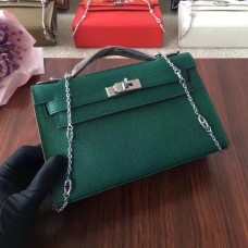 Hermes Mini Kelly 22cm Epsom Leder Grün Silber mit Kettenriemen