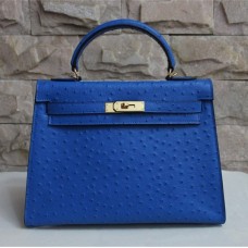 Hermes Kelly 32cm Straußenvene Handtasche Blau Golden
