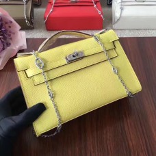 Hermes Mini Kelly 22cm Epsom Leder Gelb Silber mit Kettenriemen