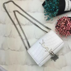YSL Tassel Chain Bag 17cm Kroko Weiß Silber