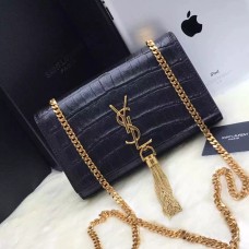 YSL Tassel Chain Bag 22cm Kroko Schwarz Gold