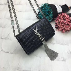 YSL Tassel Chain Bag 17cm Kroko Schwarz Silber